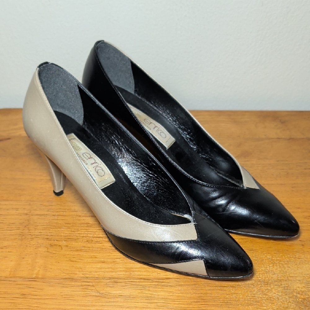 Enrico Vintage Leather Pumps Black Cream Pointed Toe Spectator Women's Size 7.5N